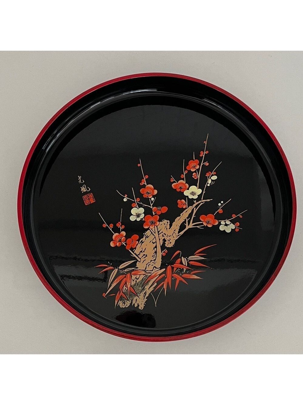 VINTAGE Lacquer Ware Round Serving Tray Cherry Blossom Pattern Made Japan Retro